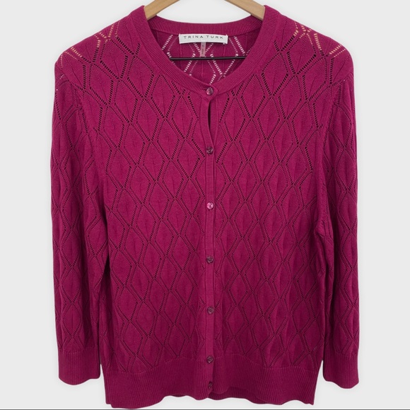 Trina Turk Sweaters - Trina Turk Pink Purple Perforated Diamond Print Cardigan Size XL